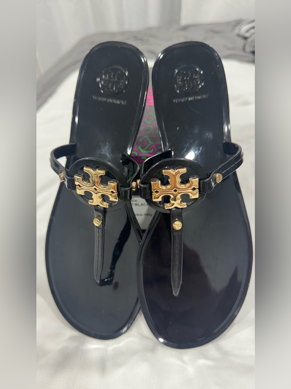 Tory Burch Black Patent Logo Thong Sandals with Gold Trim